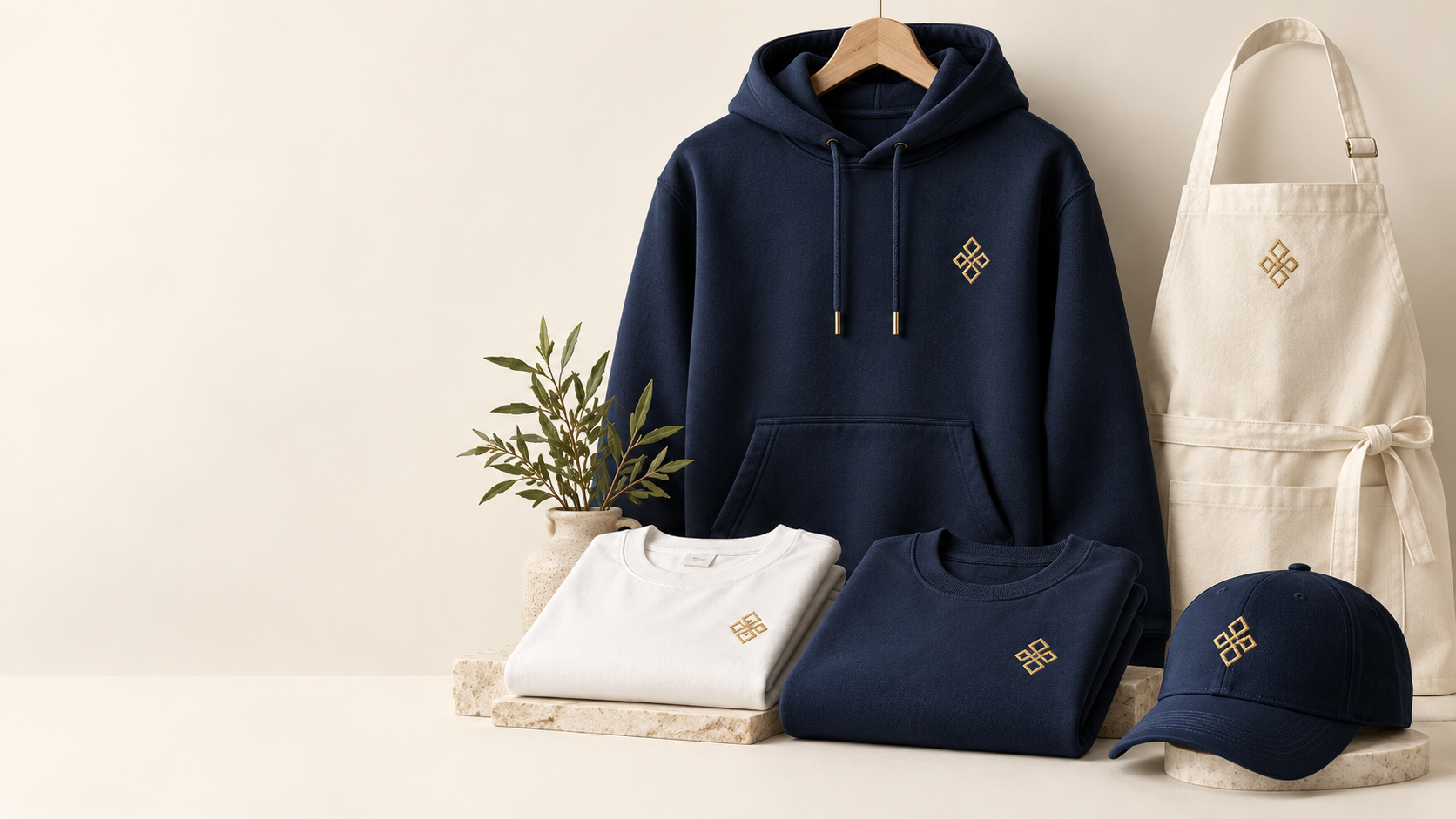 Illustrative collection of embroidered apparel and accessories in navy, white, and gold.